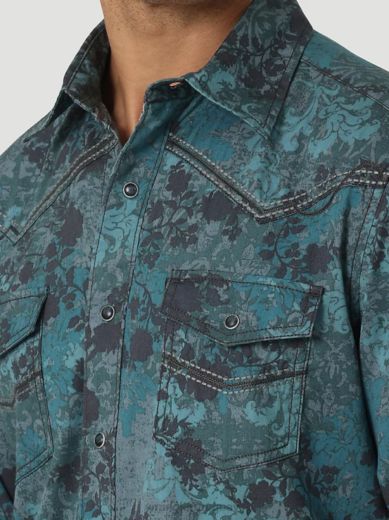 cuero crudo Wrangler hombres camisa de trabajo sólida con broche occidental de manga larga y acabado firme con corte vaquero ropa F8J4V416