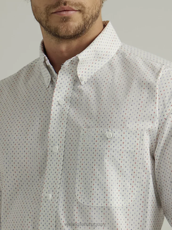 división blanca Wrangler hombres Camisa con estampado de un bolsillo y botones de manga corta George Strait ropa F8J4V302