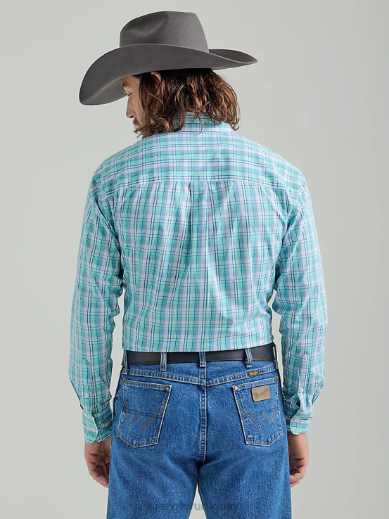 floral verde azulado Wrangler hombres Camisa a cuadros de manga larga con botones y un bolsillo de George Strait ropa F8J4V315