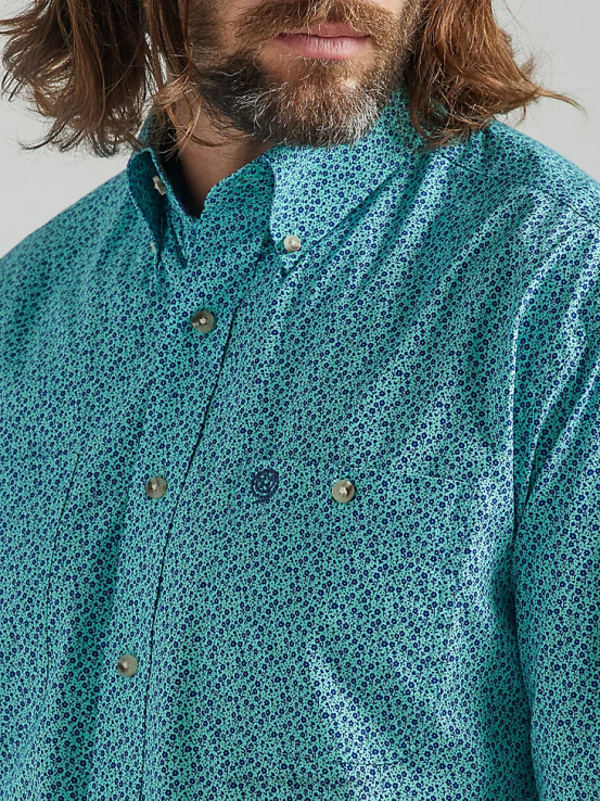 flores verde azulado Wrangler hombres Camisa con estampado de botones y dos bolsillos de manga larga George Strait ropa F8J4V368