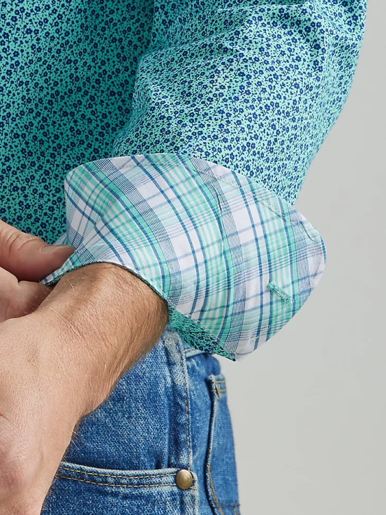flores verde azulado Wrangler hombres Camisa con estampado de botones y dos bolsillos de manga larga George Strait ropa F8J4V368