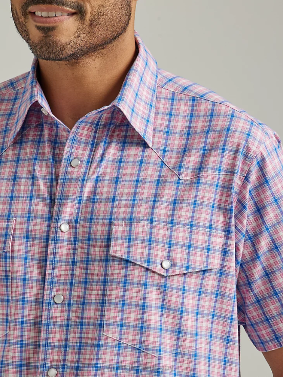 fuegos artificiales azul Wrangler hombres camisa a cuadros de manga corta resistente a las arrugas ropa F8J4V446
