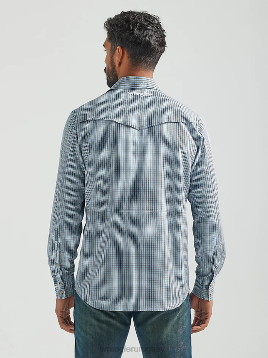 gris azulado Wrangler hombres camisa a cuadros de manga larga con broche de rendimiento ropa F8J4V436