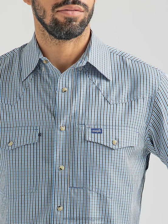gris azulado Wrangler hombres camisa a cuadros de manga larga con broche de rendimiento ropa F8J4V436