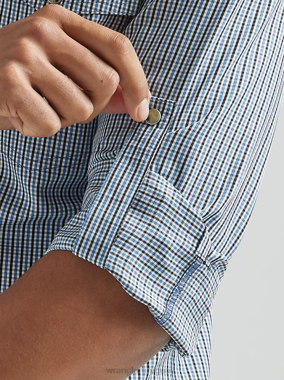 gris azulado Wrangler hombres camisa a cuadros de manga larga con broche de rendimiento ropa F8J4V436