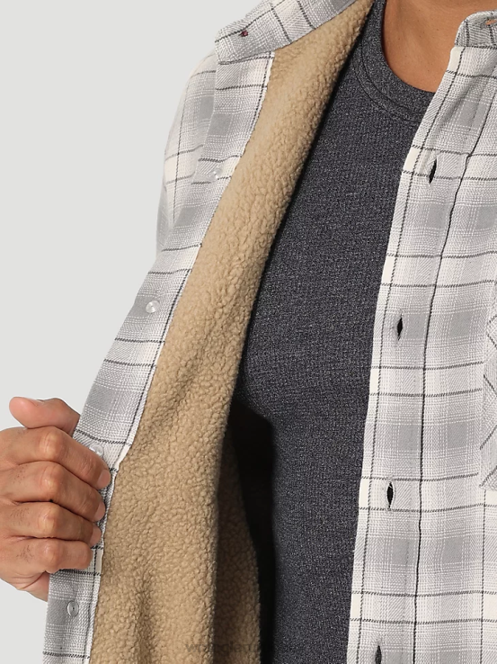 gris vaporoso Wrangler hombres Chaqueta camisera gruesa con forro de sherpa a cuadros ropa F8J4V389