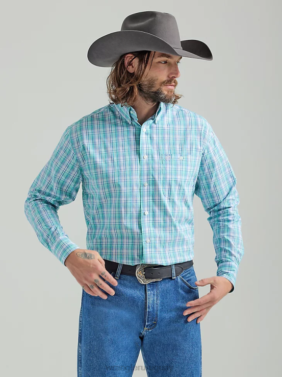 floral verde azulado Wrangler hombres Camisa a cuadros de manga larga con botones y un bolsillo de George Strait ropa F8J4V315