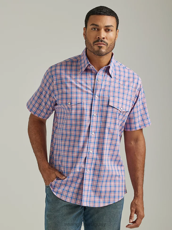 fuegos artificiales azul Wrangler hombres camisa a cuadros de manga corta resistente a las arrugas ropa F8J4V446