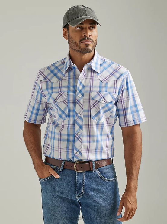 iris morado Wrangler hombres Camisa a cuadros de dos bolsillos con broche occidental de manga corta y comodidad avanzada de competición 20x ropa F8J4V454