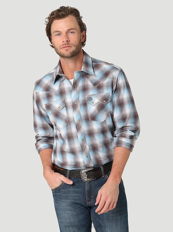 marrón azul Wrangler hombres camisa occidental retro de manga larga con bolsillo a presión y dientes de sierra ropa F8J4V692