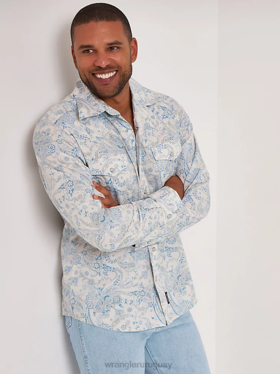 vestido azul Wrangler hombres camisa retro premium de manga larga con estampado de botones ropa F8J4V426