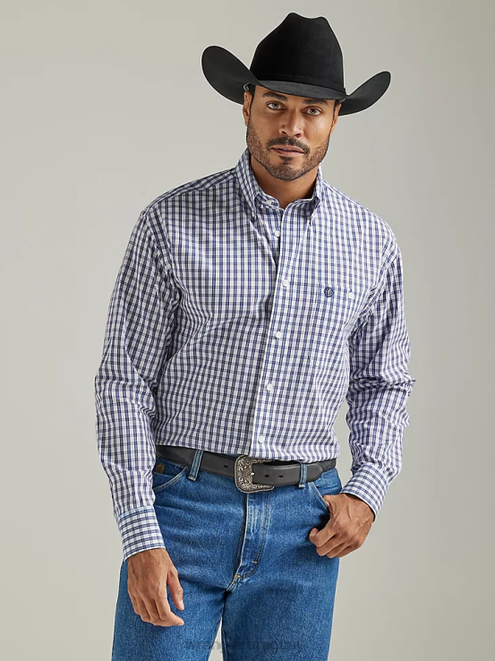 índigo grueso Wrangler hombres Camisa a cuadros de manga larga con botones y un bolsillo de George Strait ropa F8J4V320