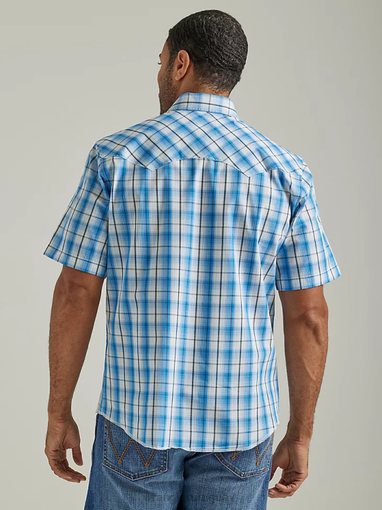 horizontes azules Wrangler hombres Camisa a cuadros con broche occidental de manga corta a presión a la moda ropa F8J4V460