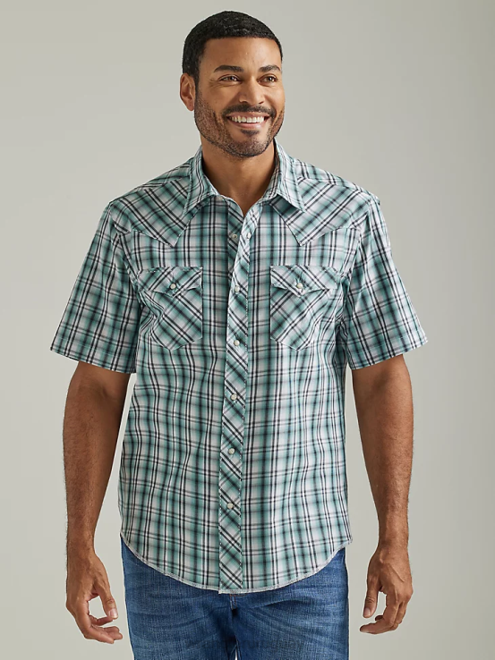 Mar verde Wrangler hombres Camisa a cuadros con broche occidental de manga corta a presión a la moda ropa F8J4V461