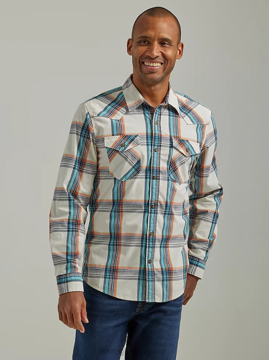 Miel Wrangler hombres camisa a cuadros con lavado vaquero ropa F8J4V411