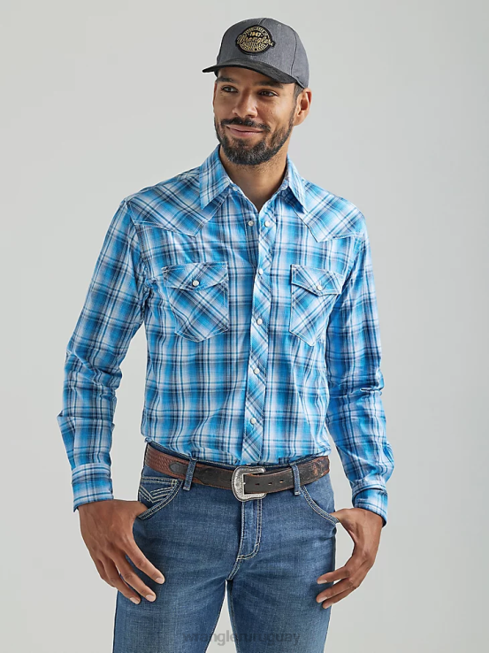 azul Wrangler hombres Camisa a cuadros con botones a presión estilo occidental, manga larga, dos bolsillos, comodidad avanzada, 20x Competition ropa F8J4V493