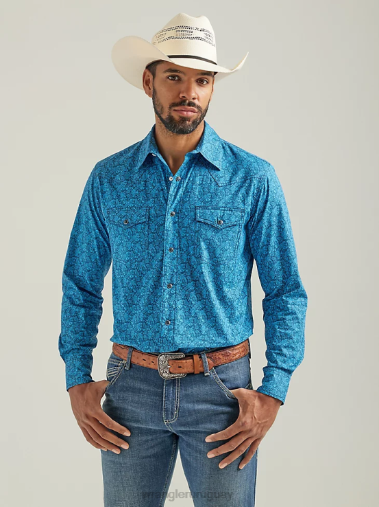 azul Wrangler hombres Camisa azul de manga larga con estampado de broche occidental y comodidad avanzada de competición 20x ropa F8J4V485
