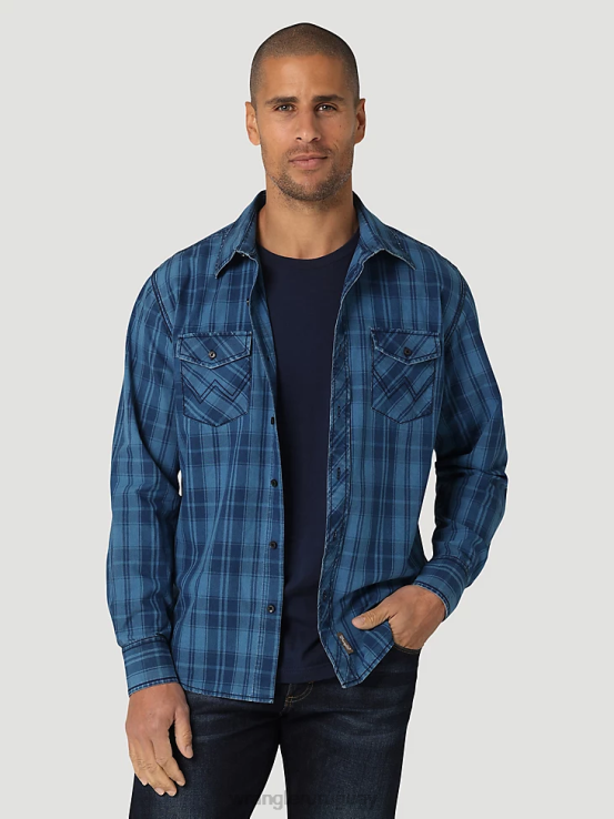 azul Wrangler hombres camisa a cuadros retro premium de manga larga con botones ropa F8J4V337