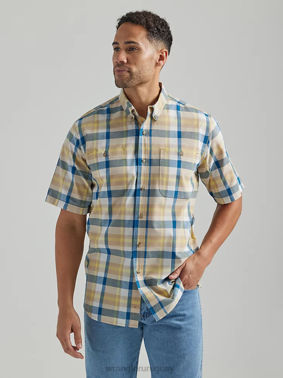 azul caqui Wrangler hombres camisa con botones a cuadros de manga corta y fácil cuidado resistente ropa F8J4V341
