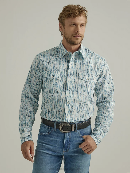 azul lluvioso Wrangler hombres Camisa con estampado occidental de manga larga y comodidad avanzada 20x Competition ropa F8J4V490