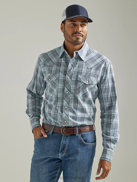 azul marino Wrangler hombres Camisa a cuadros con botones a presión estilo occidental, manga larga, dos bolsillos, comodidad avanzada, 20x Competition ropa F8J4V495