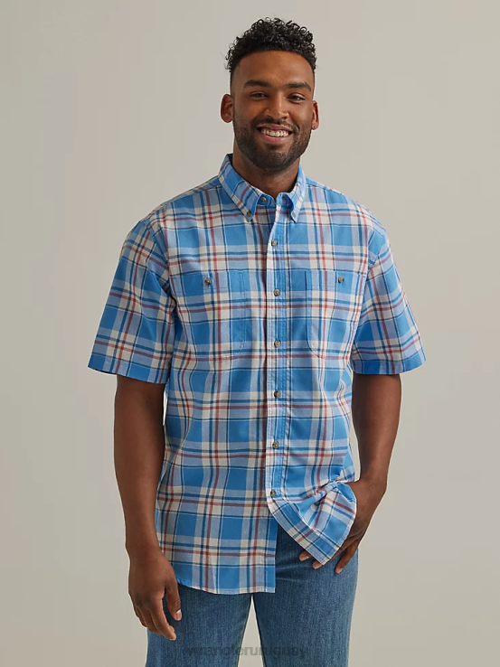 azul marino Wrangler hombres camisa con botones a cuadros de manga corta y fácil cuidado resistente ropa F8J4V344