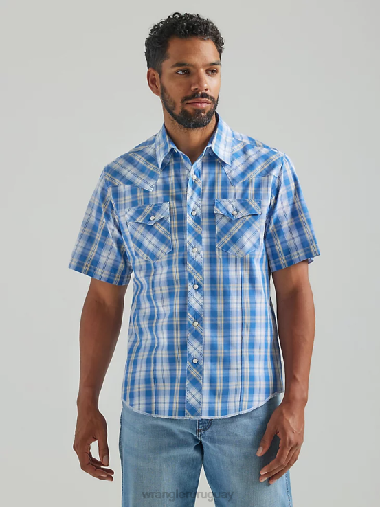 azul medio Wrangler hombres Camisa a cuadros con broche occidental de manga corta a presión a la moda ropa F8J4V459