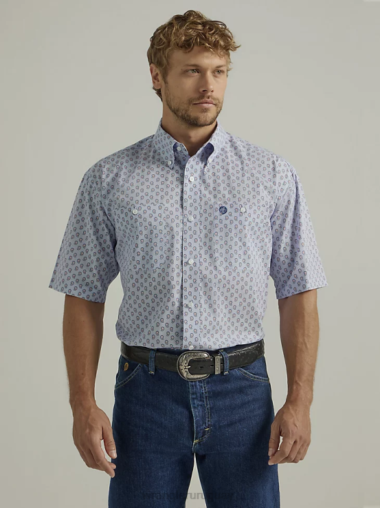 azul paisley Wrangler hombres Camisa con estampado de botones y 2 bolsillos de manga corta George Strait ropa F8J4V366