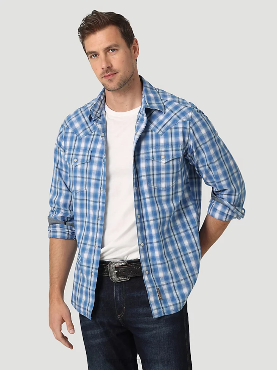 azul riviera Wrangler hombres camisa a cuadros retro premium de manga larga con broche occidental ropa F8J4V479