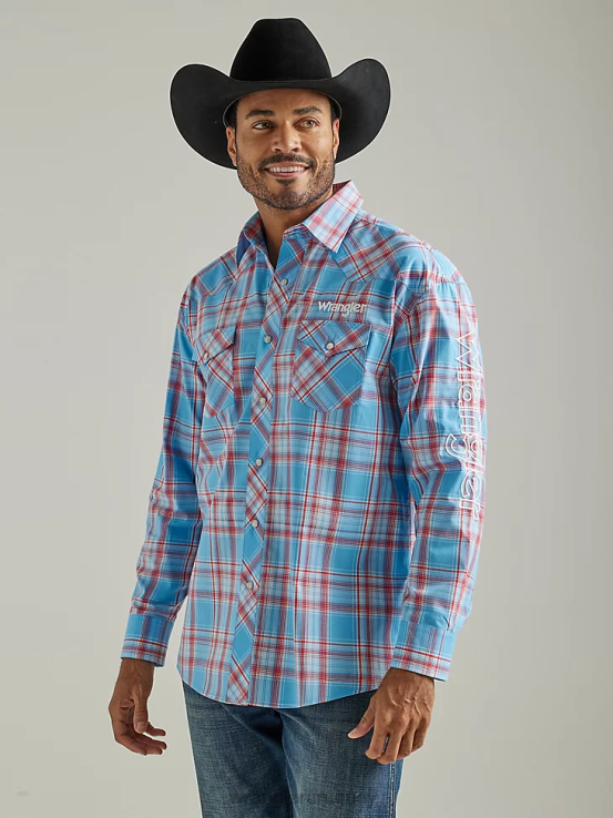 azul soleado Wrangler hombres camisa a cuadros de manga larga con logo estilo western ropa F8J4V498