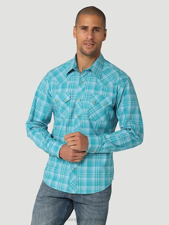 azul verdoso Wrangler hombres camisa occidental retro de manga larga con bolsillo a presión y dientes de sierra ropa F8J4V693