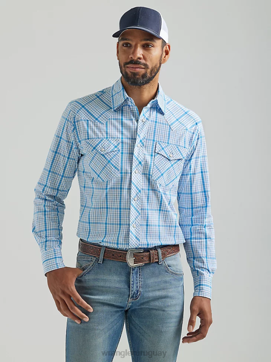 bebe azul Wrangler hombres Camisa a cuadros con botones a presión estilo occidental, manga larga, dos bolsillos, comodidad avanzada, 20x Competition ropa F8J4V491