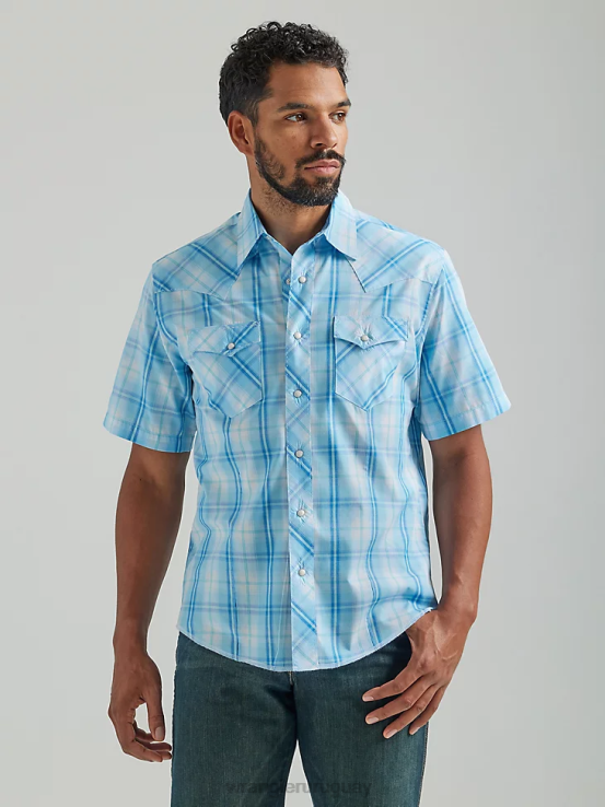 bebe azul Wrangler hombres Camisa a cuadros con broche occidental de manga corta a presión a la moda ropa F8J4V457