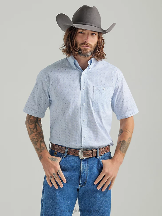 bebe azul Wrangler hombres Camisa con estampado de un bolsillo y botones de manga corta George Strait ropa F8J4V300