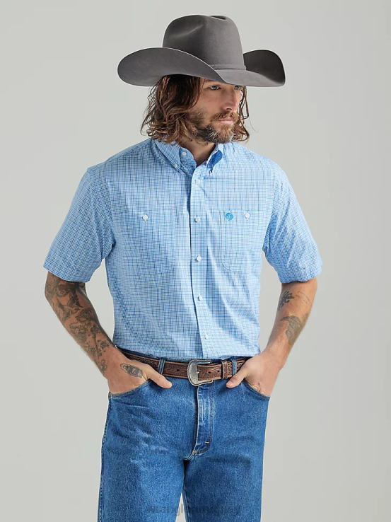 bebe azul Wrangler hombres camisa a cuadros con botones y 2 bolsillos de manga corta george strait ropa F8J4V333