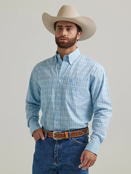 bebe azul Wrangler hombres camisa a cuadros de manga larga con botones y dos bolsillos george strait ropa F8J4V323
