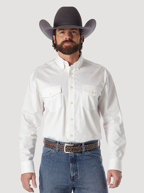 blanco Wrangler hombres camisa de sarga sólida y ligera con botones y manga larga pintada en el desierto ropa F8J4V298
