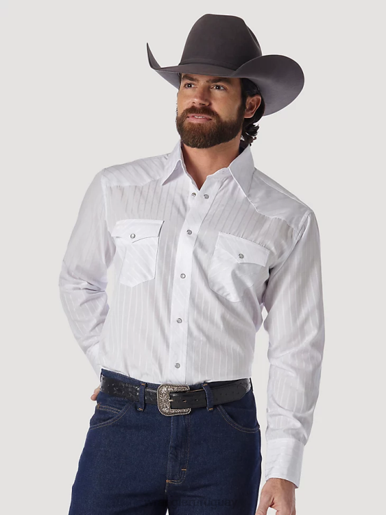 blanco Wrangler hombres camisa occidental de manga larga con rayas dobby y botones a presión ropa F8J4V469