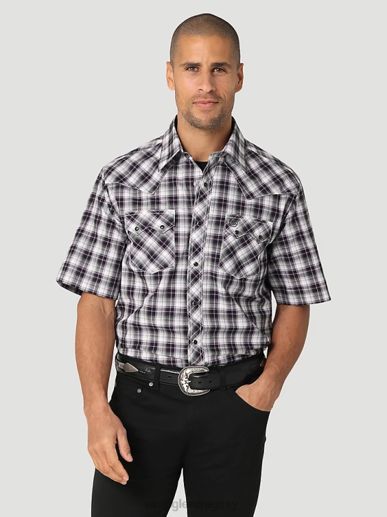 blanco negro Wrangler hombres camisa retro a cuadros de bolsillo con solapa de diente de sierra y broche occidental de manga corta ropa F8J4V428