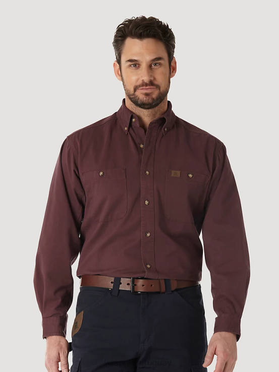 borgoña Wrangler hombres Riggs Workwear camisa de trabajo de sarga sólida con botones y manga larga ropa F8J4V352