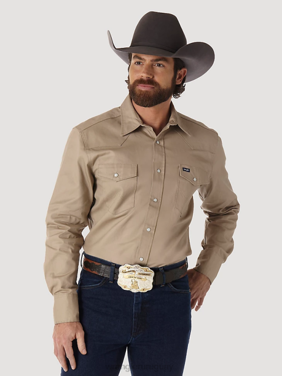 caqui Wrangler hombres camisa de trabajo sólida con broche occidental de manga larga y acabado firme con corte vaquero ropa F8J4V417