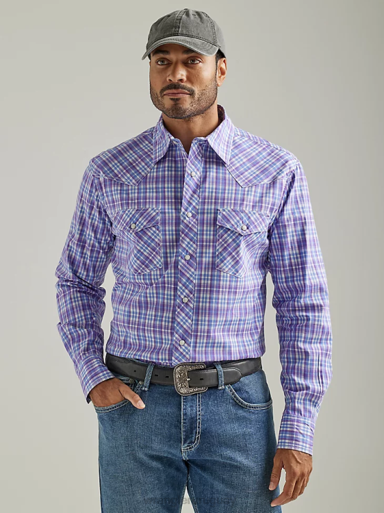 cheque de uva morada Wrangler hombres Camisa a cuadros con botones a presión estilo occidental, manga larga, dos bolsillos, comodidad avanzada, 20x Competition ropa F8J4V496