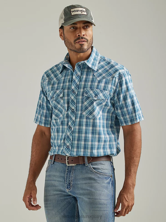 cheque pacífico Wrangler hombres Camisa a cuadros de dos bolsillos con broche occidental de manga corta y comodidad avanzada de competición 20x ropa F8J4V453
