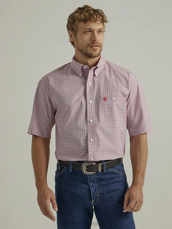 cuadros rojos brillantes Wrangler hombres Camisa a cuadros con botones y 1 bolsillo de manga corta George Strait ropa F8J4V311