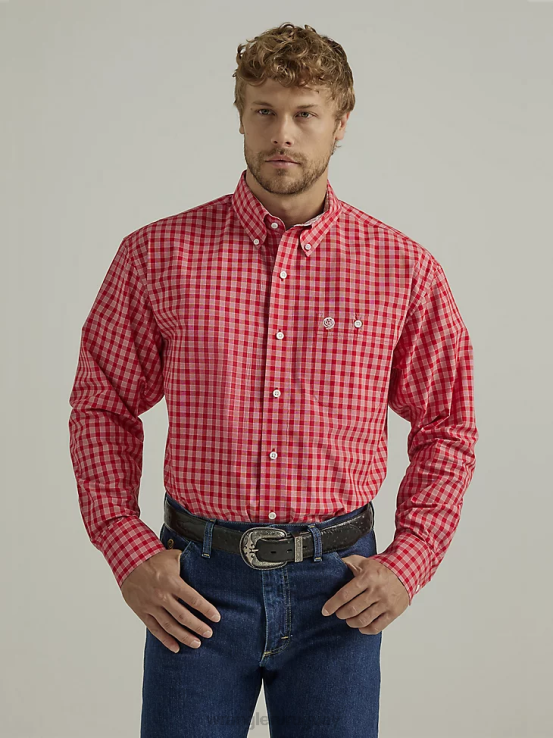 cuadros rojos rosados Wrangler hombres Camisa a cuadros de manga larga con botones y un bolsillo de George Strait ropa F8J4V318