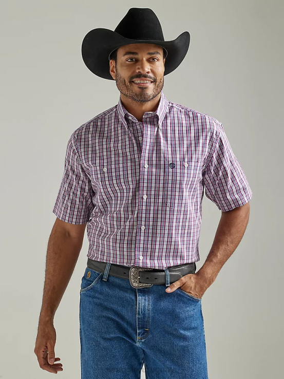 cuadros rosa medio Wrangler hombres camisa a cuadros con botones y 2 bolsillos de manga corta george strait ropa F8J4V334