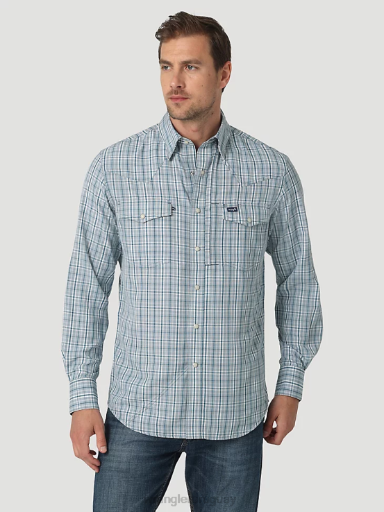 cuadros verde azulado Wrangler hombres camisa a cuadros de manga larga con broche de rendimiento ropa F8J4V434