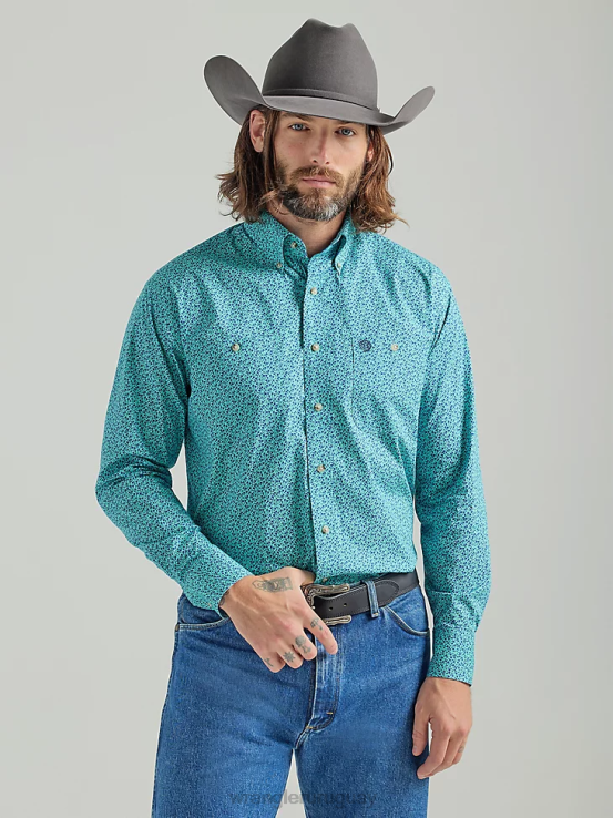 flores verde azulado Wrangler hombres Camisa con estampado de botones y dos bolsillos de manga larga George Strait ropa F8J4V368