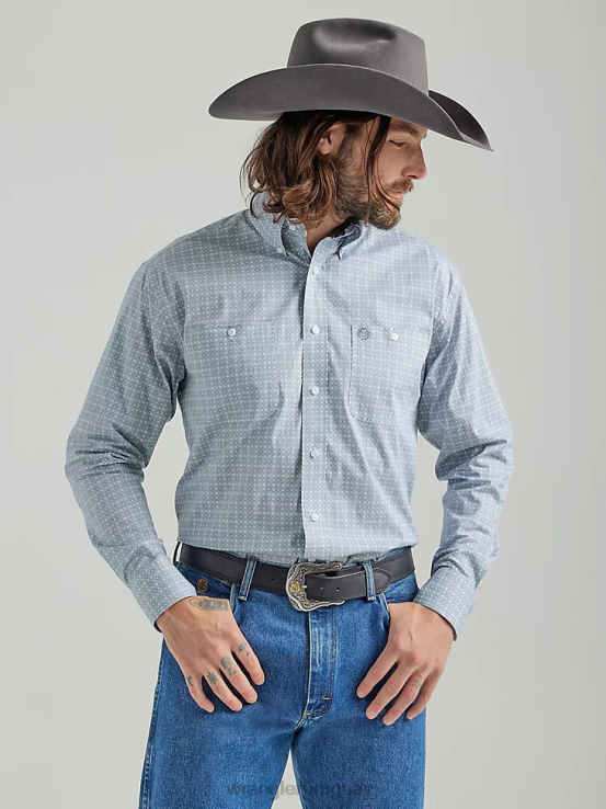 gris Wrangler hombres Camisa con estampado de botones y dos bolsillos de manga larga George Strait ropa F8J4V367