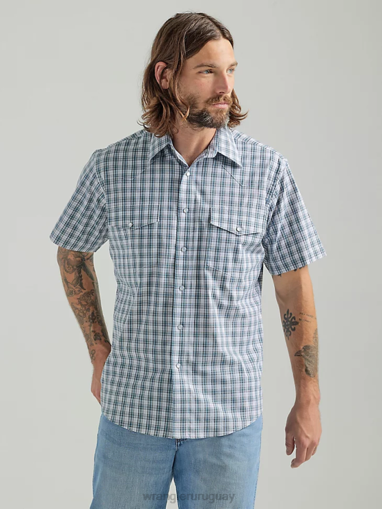 gris azul Wrangler hombres camisa a cuadros de manga corta resistente a las arrugas ropa F8J4V442